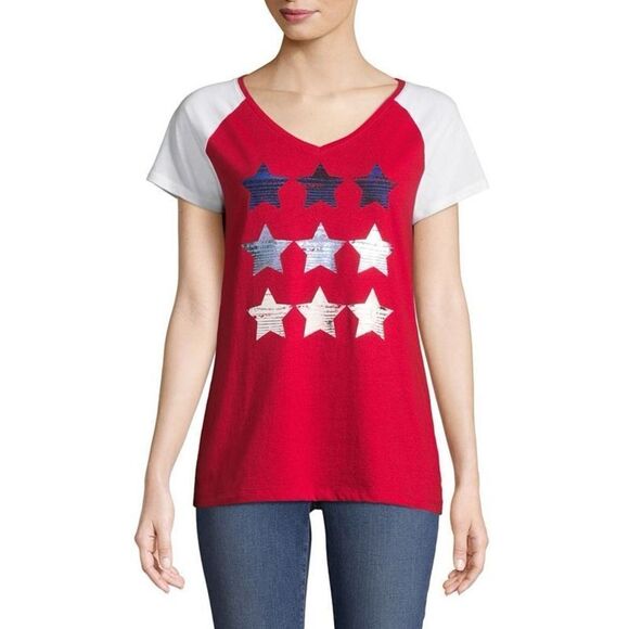 St. John's Bay Tops - St. John's Bay Short Sleeve Americana USA stars flag  patriotic V Neck T-shirt L